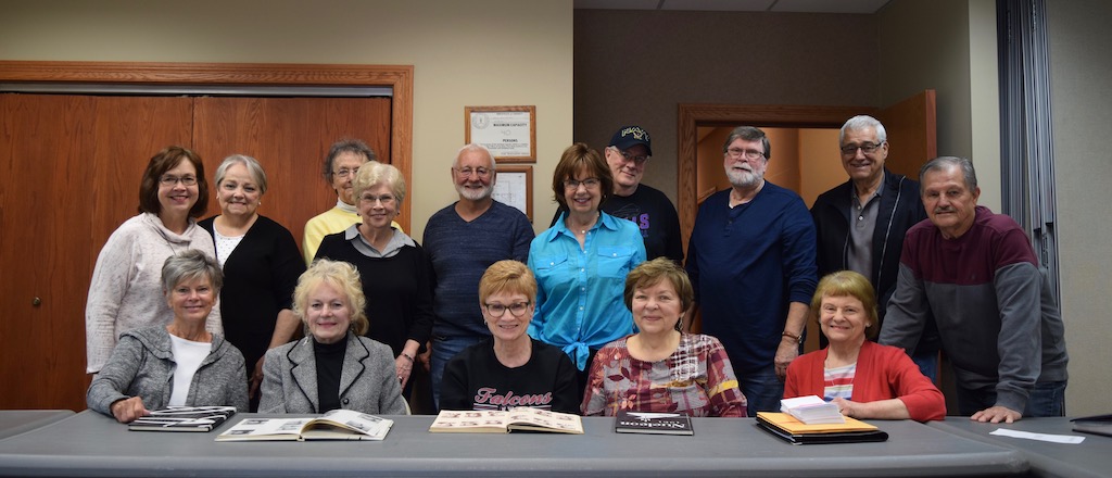 Shown are members of the alumni committee.
Seated:  Sandra (Milleville) Walck, Judy (Haseley) Brooks, Barb (Scott) Manning, Pat (Broeker) Etue and Cathy (Pickard) Sonnen. 
Standing:  Marcia (DeVantier) Gardiner, Christine (Ferguson) Yawney, Bonnie Jo (Bryner) Northup, Connie (DeVantier) Washburn, Richard Carlson, Karen (Eustice) Collins, Danny King, Fred Robinson, Pete Orzetti and Dave Faccini.